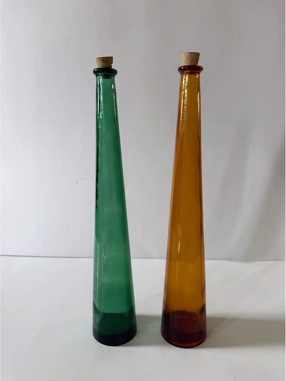 Vintage Hand Blown Art Glass Decanter Bottle Pair Green Amber 12” Cork Stoppers